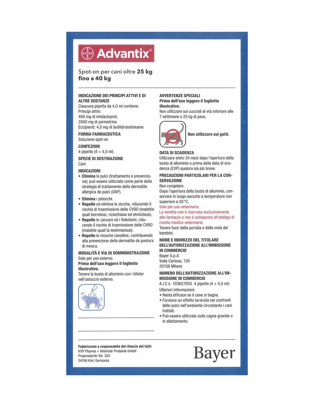 Bayer Advantix Spot-on Per Cani Da 25 A 40 Kg - CONFEZIONE DA 6 Pipette X 4,0 Ml - immagine 2
