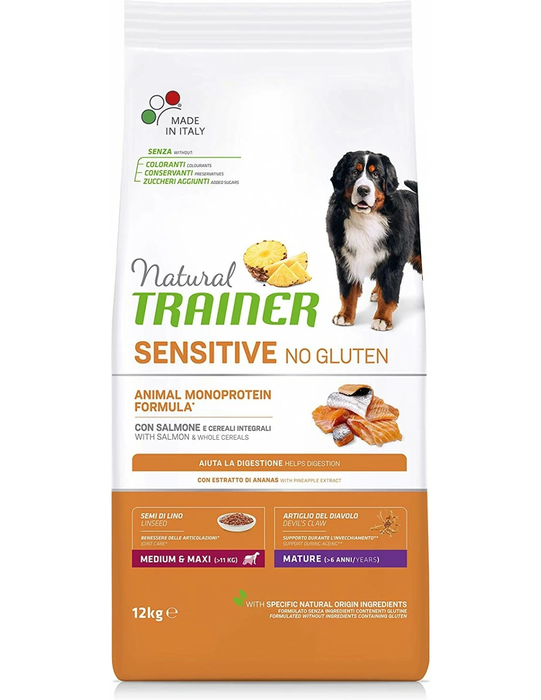Trainer Cane - Natural Sensitive No Gluten - MATURE - Medium & Maxi - Con Salmone E Cereali Integrali - 12 Kg
